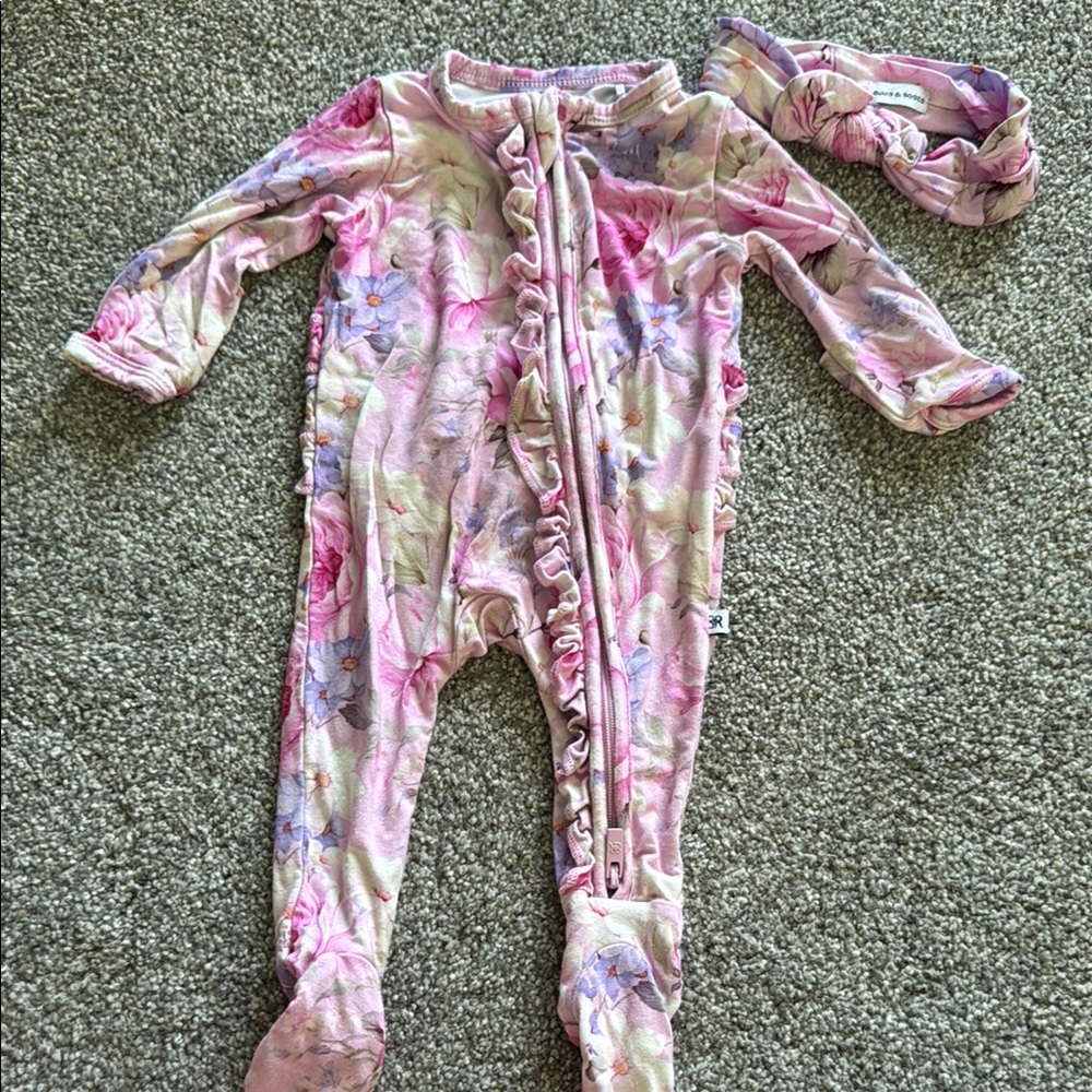 Bums & Roses Floral Pink Kids Footie with Headband